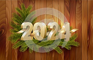Merry Christmas and Happy New Year 2024. Golden 3D numbers with gold ribbons