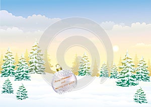 Merry Christmas and Happy New Year 2024. Original background with Christmas ball and congratulation text on snowy winter landscape