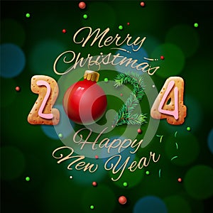 Merry Christmas and Happy New Year 2024 poster, numbers on green background. Design for greeting card, template, cover