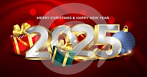 Merry christmas and happy new year 2025 with golden number and christmas elements
