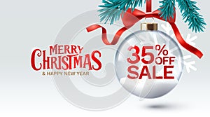 Merry Christmas and happy new year, 35 Percentage off sale. Vector illustration