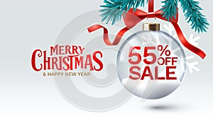 Merry Christmas and happy new year, 55 Percentage off sale. Vector illustration