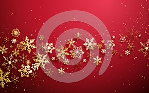 Merry Christmas and Happy new year. Abstract gold snowflakes on red background