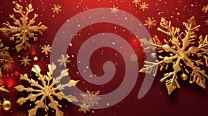 Merry Christmas and Happy new year. Abstract gold snowflakes on red background