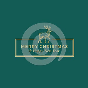 Merry Christmas and Happy New Year Abstract Vector Classy Frame Label, Sign or Card Template. Hand Drawn Deer Sketch