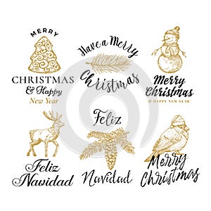 Merry Christmas and Happy New Year Abstract Vector Signs, Labels or Logo Templates Set. Hand Drawn Deer, Tree Cookie