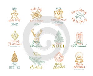Merry Christmas and Happy New Year Abstract Vector Signs, Labels or Logo Templates Set. Hand Drawn Holiday Sketch