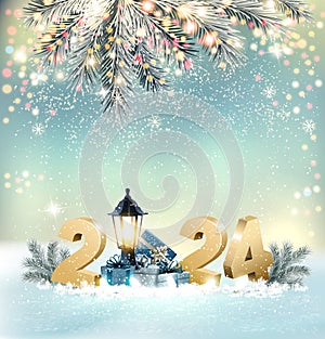Merry Christmas and Happy New Year Background with 2024 and gift boxes