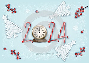 Merry Christmas and Happy New Year background with a 2024, red berries