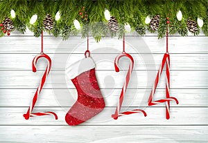 Merry Christmas and Happy New Year background with a 2024, red berries