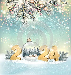 Merry Christmas and Happy New Year Background with 2024 and transparent ball and branches