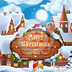 Merry Christmas and Happy New Year background. 3d vector illustration. Christmas village
