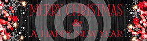 Merry Christmas & a happy new year background banner Panorama, card template -Red stars, bokeh lights, ice crystals and snowy