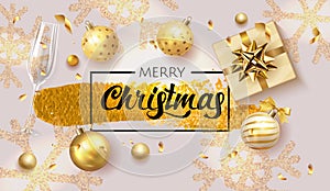Merry Christmas and Happy New Year background. Beautiful gift card with golden balls and sparkling snowflake. Elegant