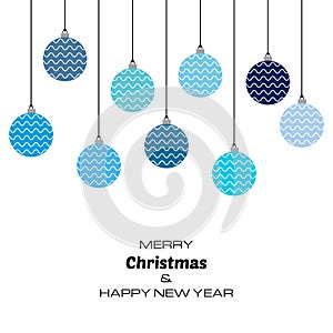 Merry Christmas and Happy New Year background with blue christmas balls