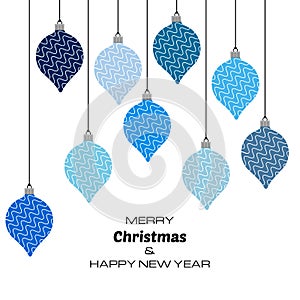 Merry Christmas and Happy New Year background with blue christmas balls