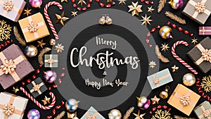 Merry Christmas and happy new year background. Christmas background design with ornaments on black background. 3D illustration