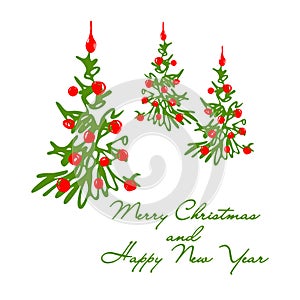 Merry Christmas and Happy New Year background with Christmas hand drawn trees