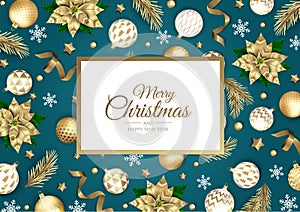 Merry Christmas and Happy New Year background. Christmas holiday card with fir tree, snowflakes, balls