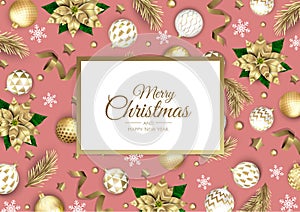 Merry Christmas and Happy New Year background. Christmas holiday card with fir tree, snowflakes, balls