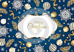 Merry Christmas and Happy New Year background. Christmas holiday card with fir tree, snowflakes, balls.