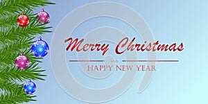 Merry Christmas and Happy New Year background. Christmas tree branches with New Year`s toys on a blue background.