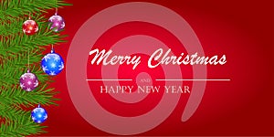 Merry Christmas and Happy New Year background. Christmas tree branches with New Year`s toys on a red background.