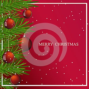 Merry Christmas and Happy New Year background. Christmas tree branches with New Year`s toys on a red background. Vector