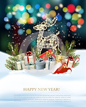 Merry Christmas and Happy New Year background with colorful gift boxes
