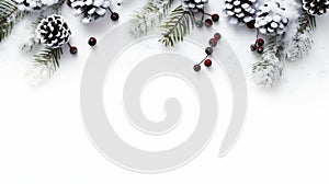 Merry Christmas and Happy new year background with copy space, Christmas garland with fir branch and berry, Xmas ornaments on