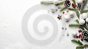 Merry Christmas and Happy new year background with copy space, Christmas garland with fir branch, pine cone, Xmas ornaments on