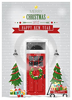 Merry Christmas and Happy New Year background with decorated Christmas front door