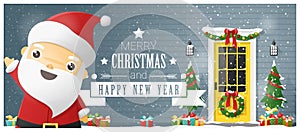Merry Christmas and Happy New Year background with decorated Christmas front door and Santa Claus