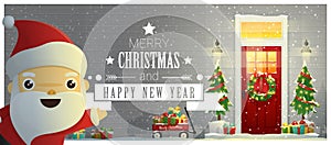 Merry Christmas and Happy New Year background with decorated Christmas front door and Santa Claus
