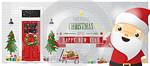 Merry Christmas and Happy New Year background with decorated Christmas front door and Santa Claus