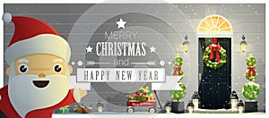 Merry Christmas and Happy New Year background with decorated Christmas front door and Santa Claus