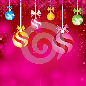 Merry Christmas and Happy New Year Background. Decorations Colorful ball, ribbon and Snow.