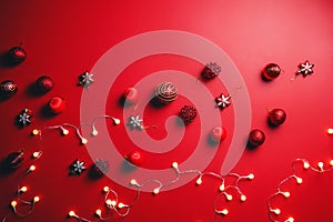 Merry Christmas and Happy New Year. background design with ornaments the ball red decorations On a red background with copy space
