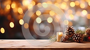 Merry Christmas and Happy New Year background with empty wooden table comeliness