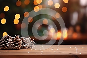 Merry Christmas and Happy New Year background with empty wooden table comeliness