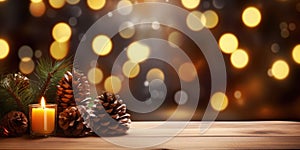 Merry Christmas and Happy New Year background with empty wooden table comeliness