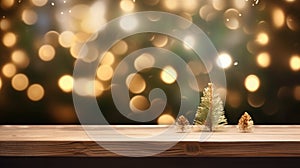 Merry Christmas and Happy New Year background with empty wooden table comeliness