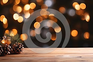 Merry Christmas and Happy New Year background with empty wooden table comeliness