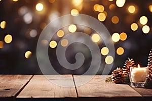 Merry Christmas and Happy New Year background with empty wooden table comeliness