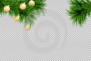 Merry Christmas and Happy New Year background with fir branches and christmas balls isolated on transparent background. Modern des
