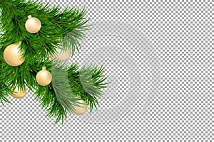 Merry Christmas and Happy New Year background with fir branches and christmas balls isolated on transparent background. Modern des