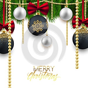 Merry Christmas Happy New Year background, fir branches, decorative balls, snow, vector illustration