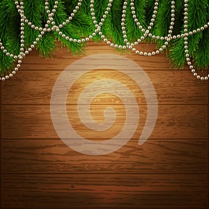 Merry Christmas Happy New Year background fir branches decorative realistic beads, vector illustration