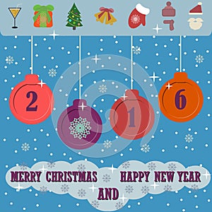 Merry Christmas and Happy New Year background with flat christmas icons