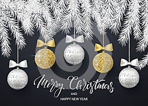 Merry Christmas and Happy New Year background for holiday greeting card, invitation, party flyer, poster, banner. Silver